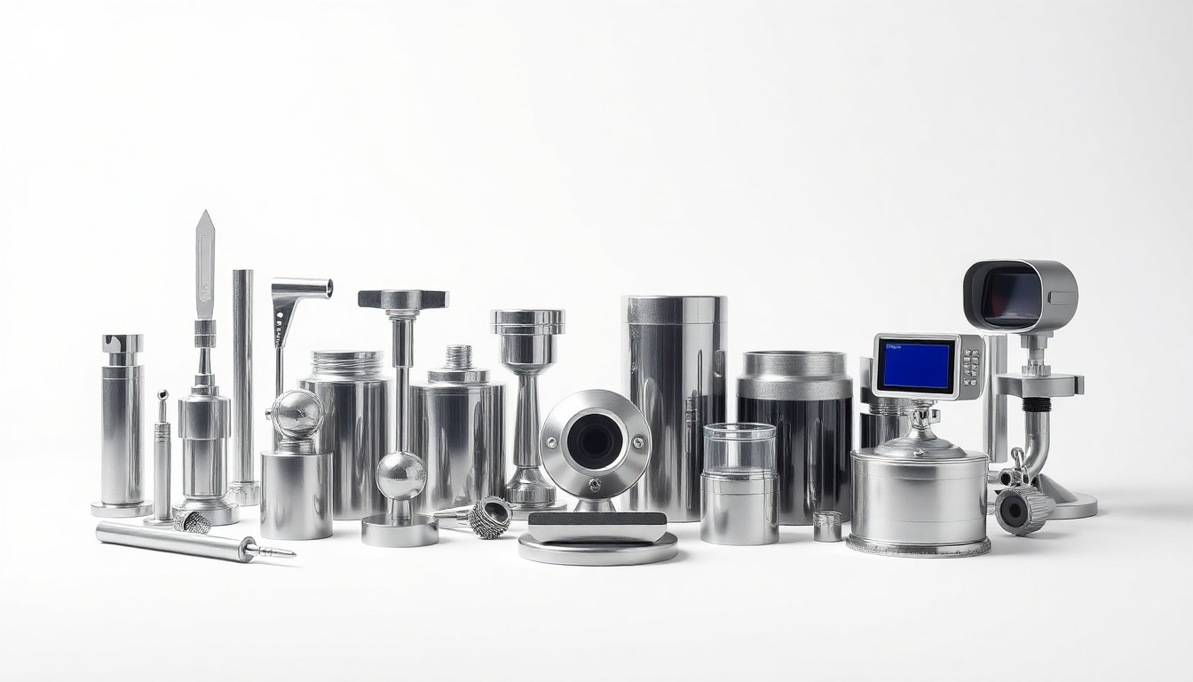 A high-end, photorealistic studio still-life photograph featuring a collection of premium, polished metal and glass objects arranged elegantly on a clean, monochromatic background, symbolizing the various components of a facility management system and conveying the abstract concepts of corporate strategy, efficiency, and optimization.