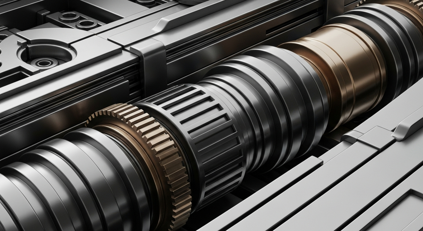 A highly detailed, cinematic close-up image of heavy, metallic banking machinery and mechanical components, conveying the secure, powerful infrastructure of the financial industry through an abstract, non-literal visual metaphor.