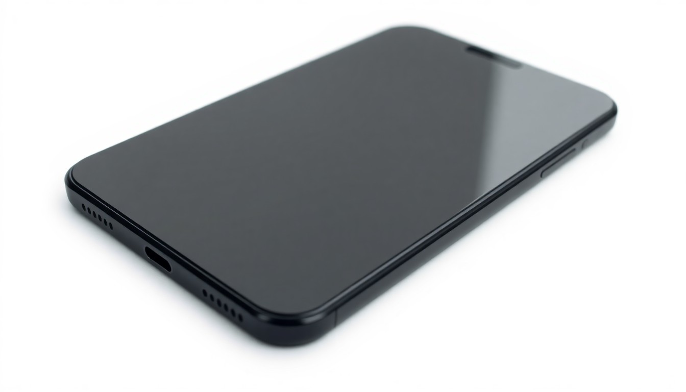 An extreme close-up of a smooth, matte black smartphone display with clean, geometric lines and subtle metallic accents, resting on a stark white background, conceptually illustrating the durability of modern phone screens.