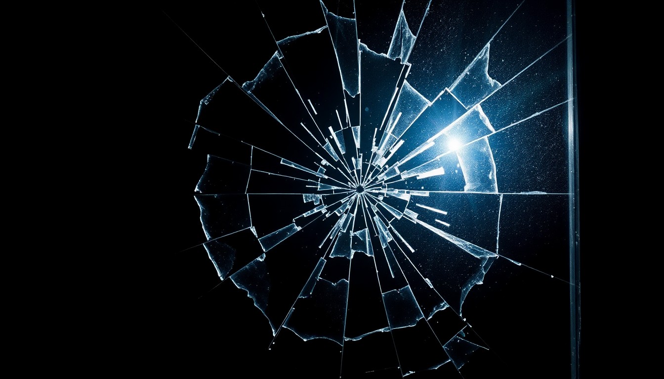An extreme close-up of a shattered window pane, the glass reflecting a harsh, direct flash of light, conveying the stark, gritty nature of the vandalism incident under investigation.