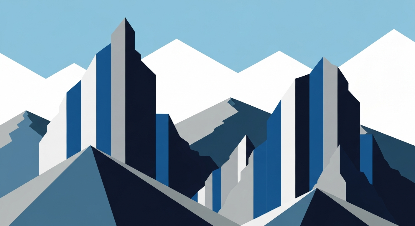 A bold, geometric illustration in the style of A.M. Cassandre, featuring sweeping, streamlined forms in shades of blue, grey, and white that evoke the grand scale and majesty of a mountain landscape without any literal depiction of people, buildings, or text.