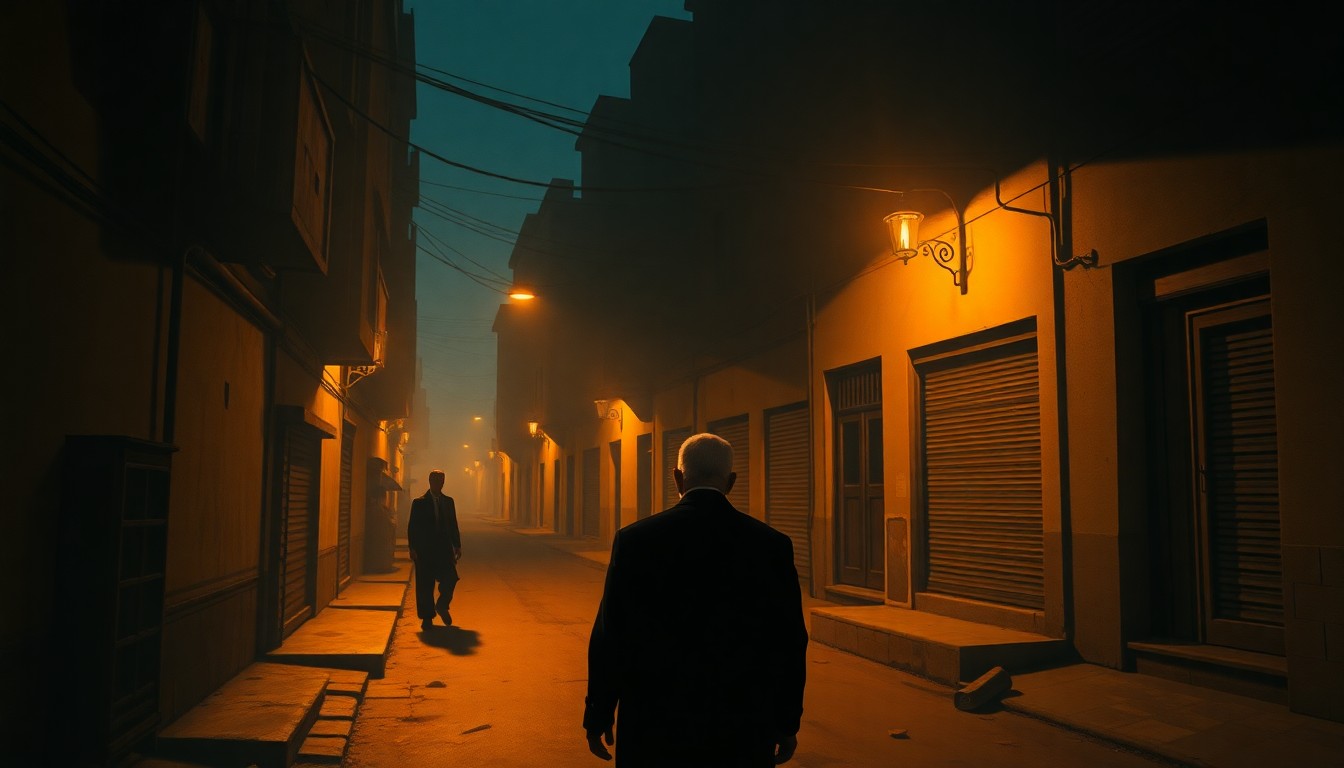A moody, atmospheric painting depicting a lone political figure walking down a dimly lit Middle Eastern street, with warm sunlight casting dramatic shadows across the scene, conceptually representing the colonial undertones of recent U.S. policies in the region.