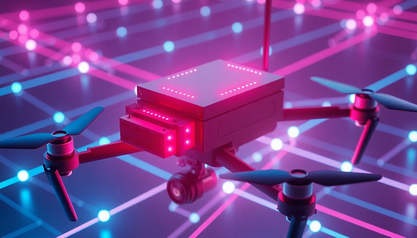 A highly detailed, glowing 3D illustration of a compact, software-defined electronic warfare payload mounted on an unmanned aerial vehicle, surrounded by a network of neon cyan and magenta lights representing the integrated DiSCO ecosystem, conceptually illustrating the advanced capabilities of L3Harris' autonomous electronic warfare system.