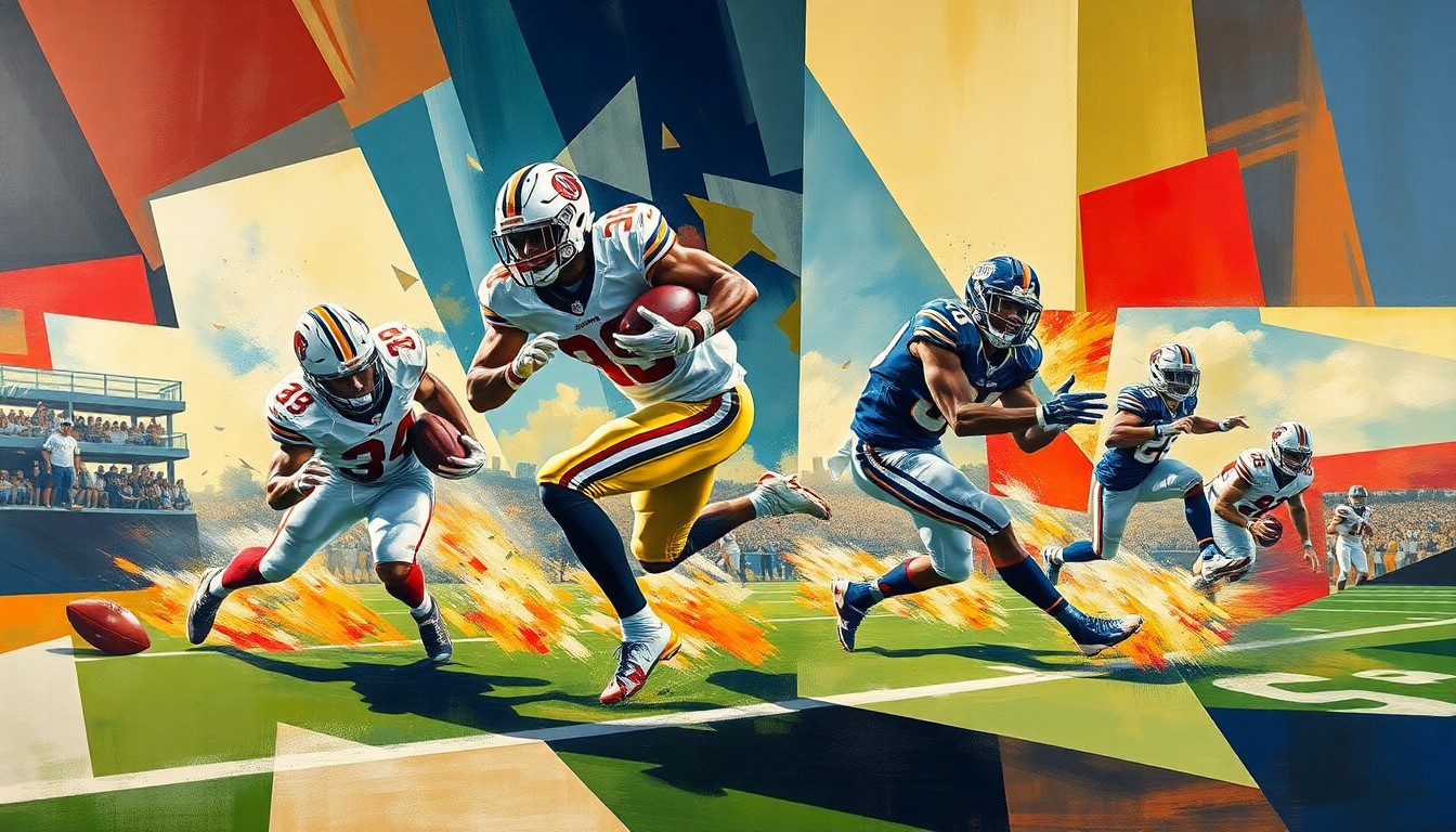 A fractured, multi-angled painting depicting a football player in motion, with sharp geometric shapes and planes representing the explosive energy and athleticism of the sport.