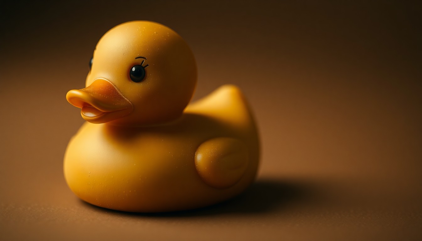 An extreme close-up photograph of a single rubber duck, its surface textured and detailed, conveying a sense of the unexpected discovery made by police during a welfare check on an elderly resident.
