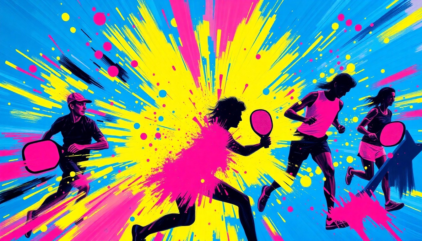 An abstract, expressionist painting featuring vibrant brushstrokes of electric blue, highlighter yellow, and hot pink, capturing the raw athletic energy and competitive spirit of a pickleball tournament.