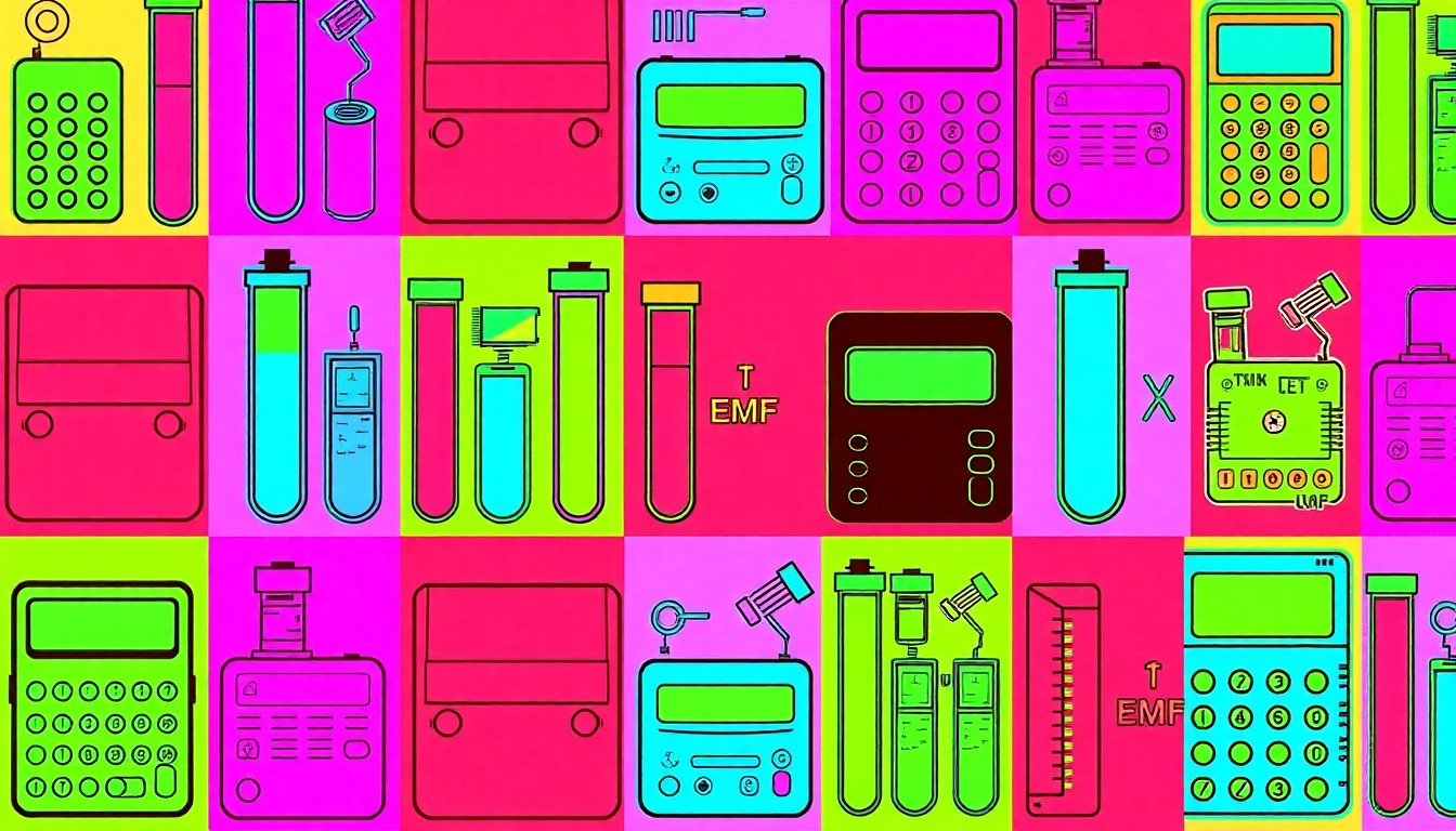 A brightly colored, high-contrast silkscreen print of a single, iconic STEM object such as a test tube or calculator, repeated in a tight grid pattern in the style of Andy Warhol, conceptually representing the educational activities and collaborative spirit of the STEM Day event.