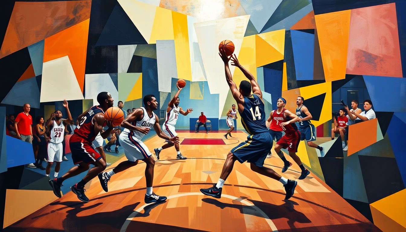 A fractured, multi-perspective painting in bold, geometric shapes and planes of color, capturing the dynamic movement and energy of a basketball game or match.