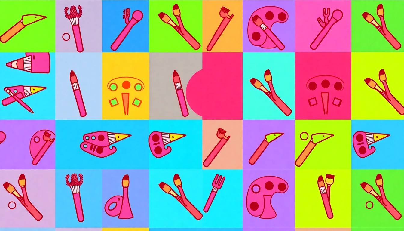 A brightly colored, high-contrast silkscreen print of various art supplies like paintbrushes, palettes, and sketchpads repeated in a tight grid pattern, capturing the energy and creativity of a student art exhibition.