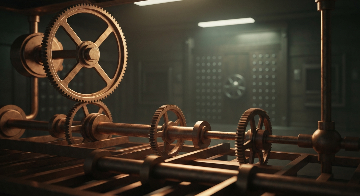 An extreme close-up of gears, levers, and other mechanical components of a banking machine, representing the complex financial infrastructure that powers modern banking and payments.