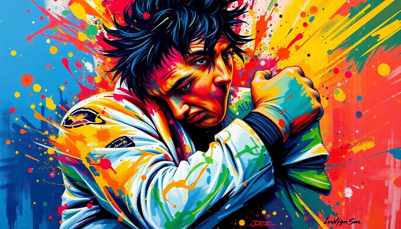 An abstract expressionist painting in vibrant neon colors, with rapid brushstrokes capturing the dynamic movements and energy of a Jiu-Jitsu match, the face and body of the competitor blending into the energetic composition.