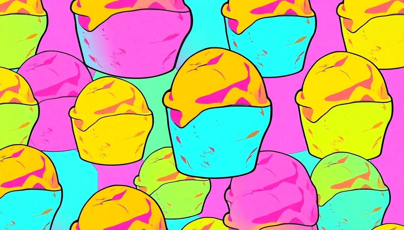 A vibrant, high-contrast silkscreen print featuring a repeated image of a single scoop of Ben & Jerry's ice cream in a bold, neon color palette, conceptually representing the brand's commitment to customer appreciation and social responsibility.