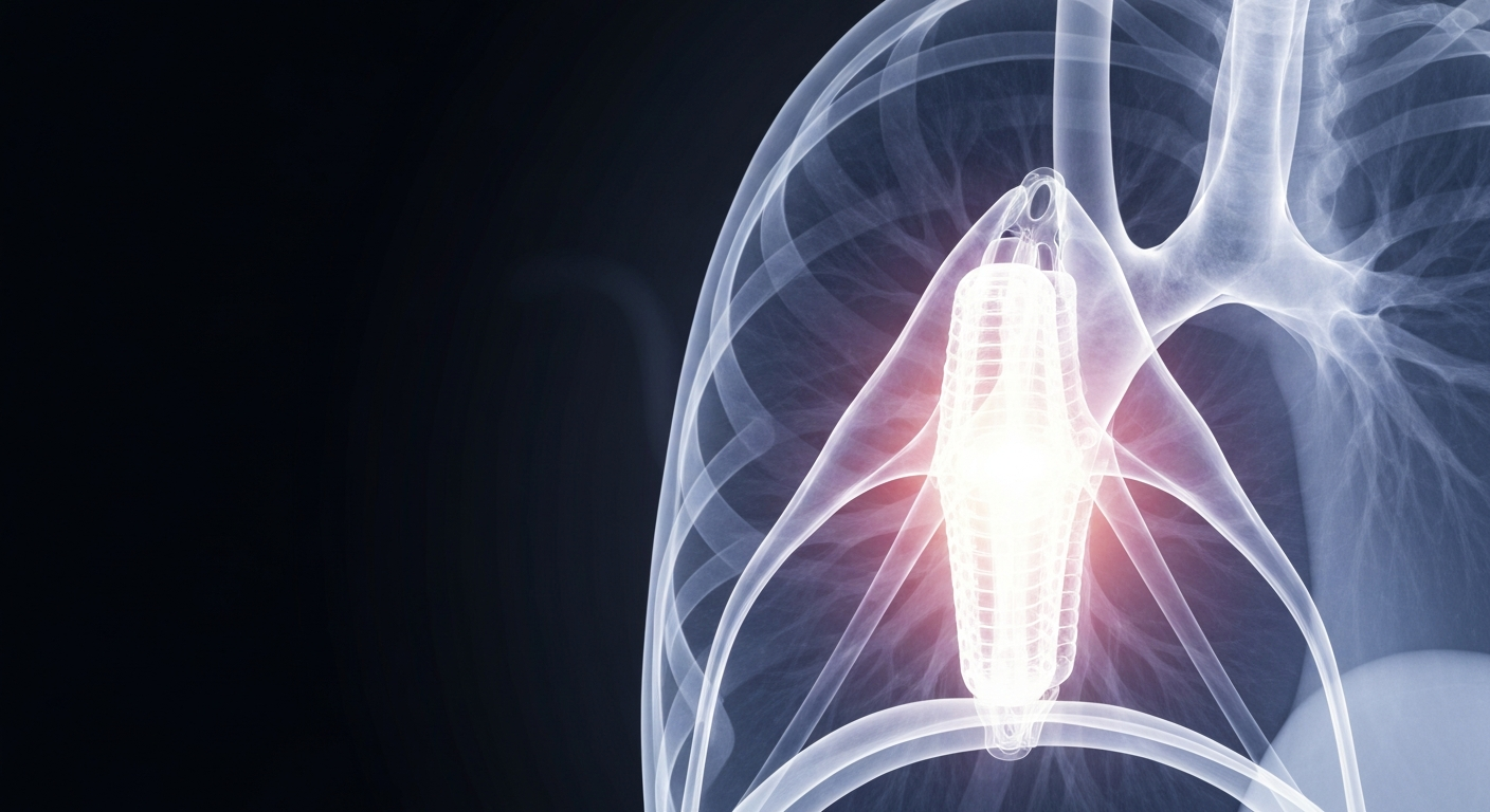 A translucent, ghostly X-ray image revealing the internal structure of a human lung with the Spiration Valve System device clearly visible, conceptually illustrating the minimally invasive nature of this new emphysema treatment.