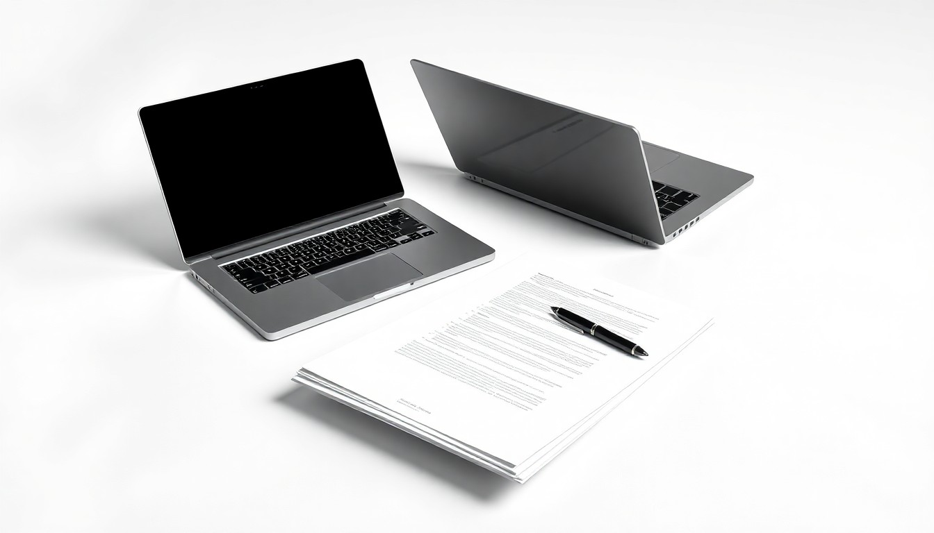 A photorealistic studio still-life featuring a stack of business documents, a laptop, and a pen arranged elegantly on a clean, white background, conceptually representing the abstract ideas of corporate strategy and workplace culture.