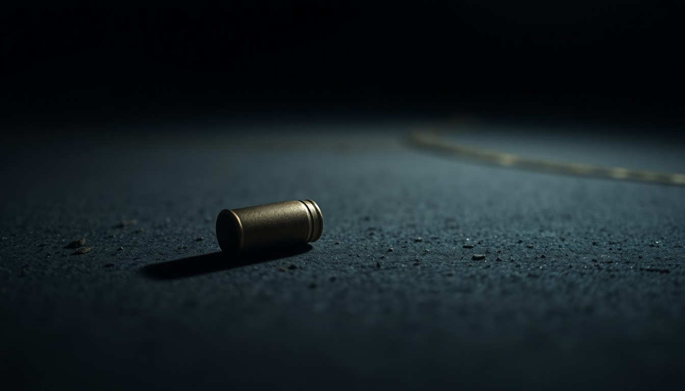 An extreme close-up photograph of a single spent shell casing on a dark concrete surface, lit by a harsh, direct camera flash, conceptually representing the aftermath of a shooting incident.
