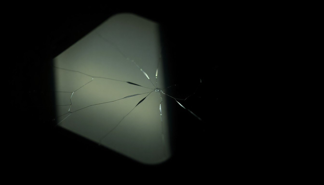 An extreme close-up photograph of a cracked smartphone screen, reflecting a faint light in the darkness, conceptually illustrating the fragility of reputations in the digital age.