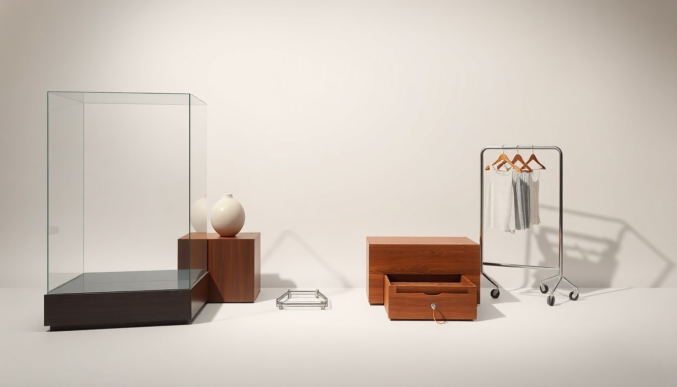 A high-end, photorealistic studio still-life photograph featuring a collection of elegant retail display props arranged on a clean, monochromatic background, conceptually representing the abstract challenges facing the retail industry.