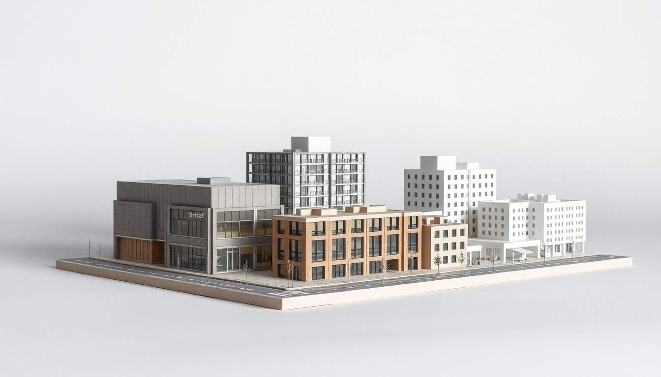 A conceptual studio still life photograph featuring a scale model of the proposed Bridgeport Crossing development, including the retail building, townhomes, and residential towers, arranged elegantly on a clean, monochromatic background with sharp, dramatic lighting.