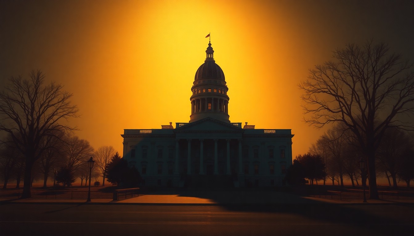 A serene, cinematic painting of a solitary Maryland state capitol building, its facade bathed in warm, diagonal sunlight and deep shadows, conveying a sense of quiet contemplation and the weight of political decisions made within its walls.