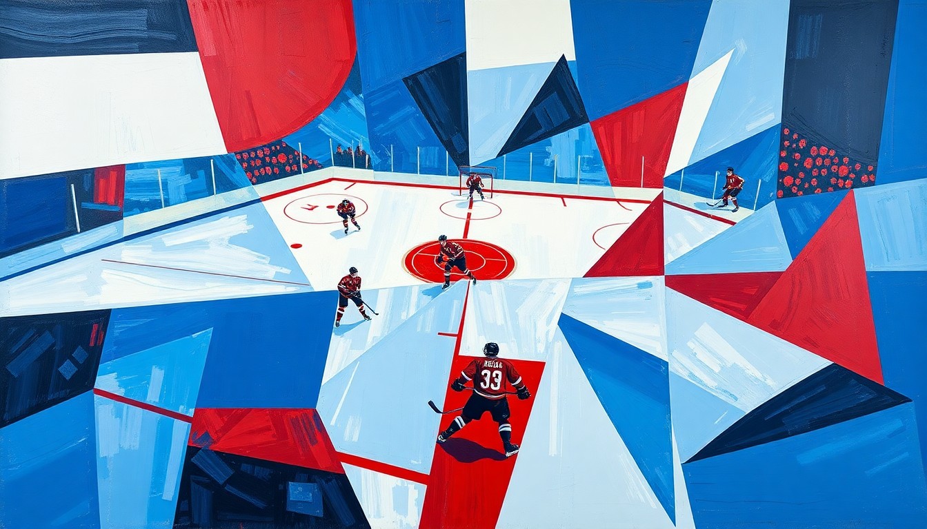A fragmented, geometric painting depicting a hockey game, with sharp planes of blue, red, and white representing the players, puck, and arena in an abstract, deconstructed style.