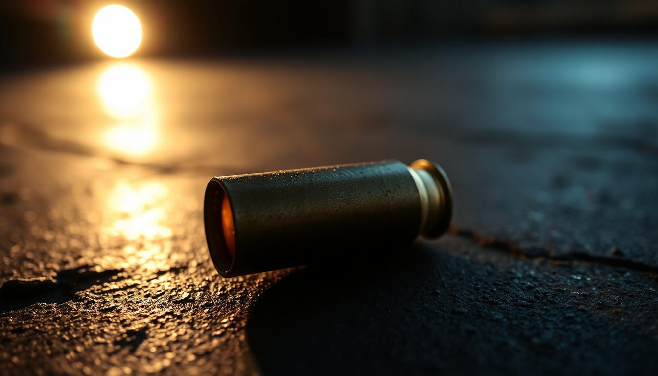 An extreme close-up of a shiny, metallic spent shell casing resting on a rough, dark concrete surface, conceptually illustrating the aftermath of a shooting incident near a school.