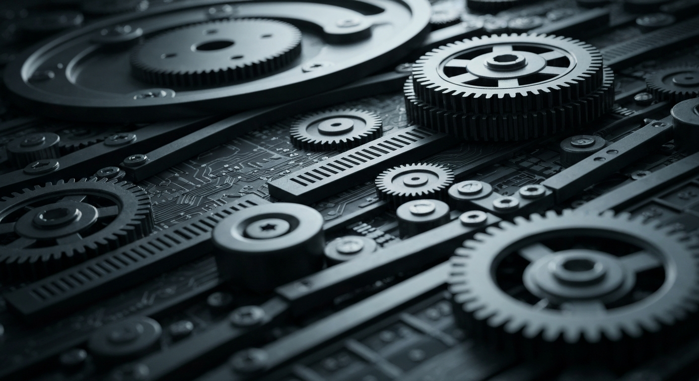 An extreme close-up of interlocking gears and industrial machinery, representing the complex financial infrastructure of the cryptocurrency market and the potential for fraud within this rapidly evolving digital landscape.