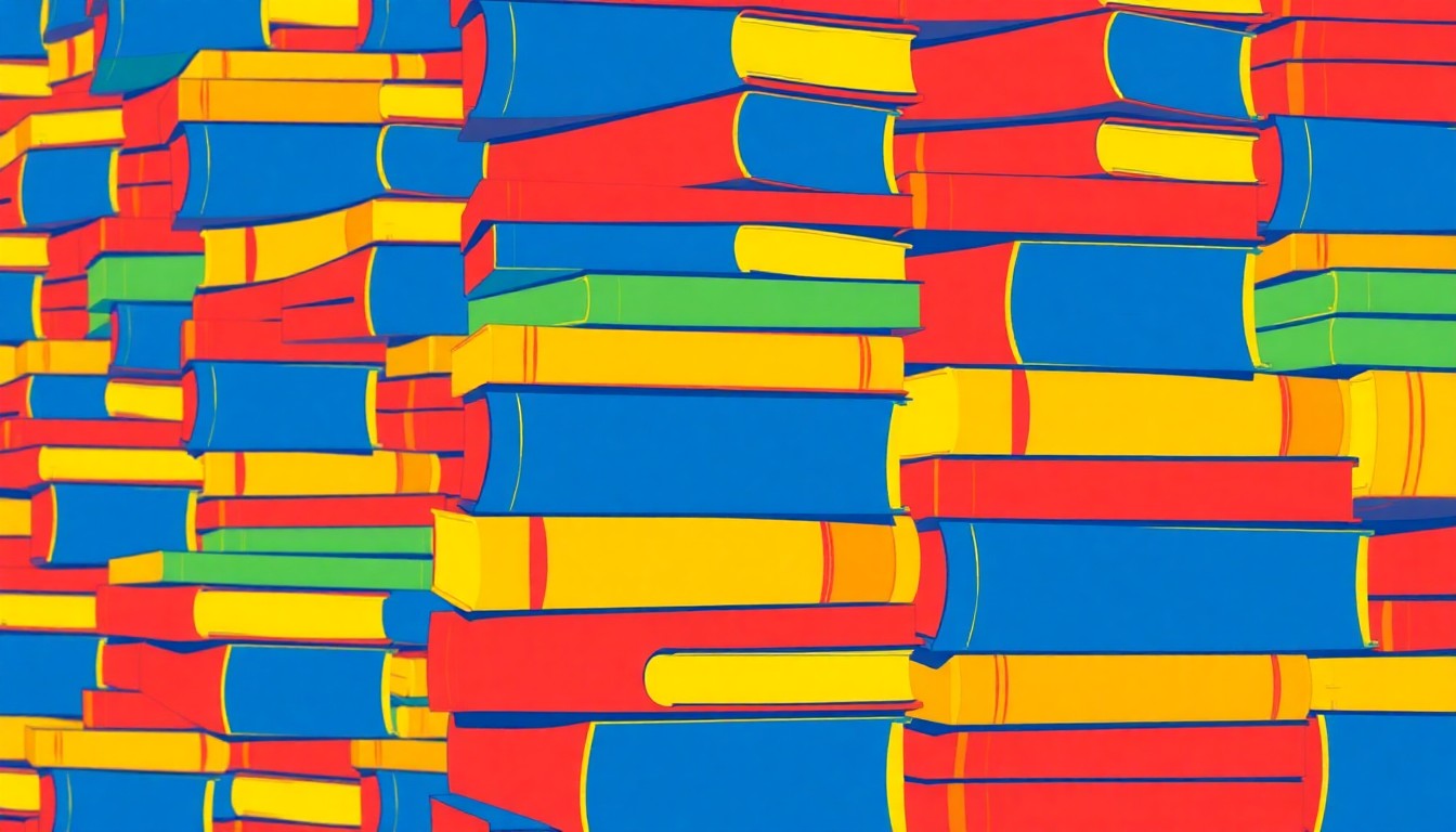 A bold, abstract grid of colorful children's books, conceptually representing the debate over Oklahoma's new reading education reforms.