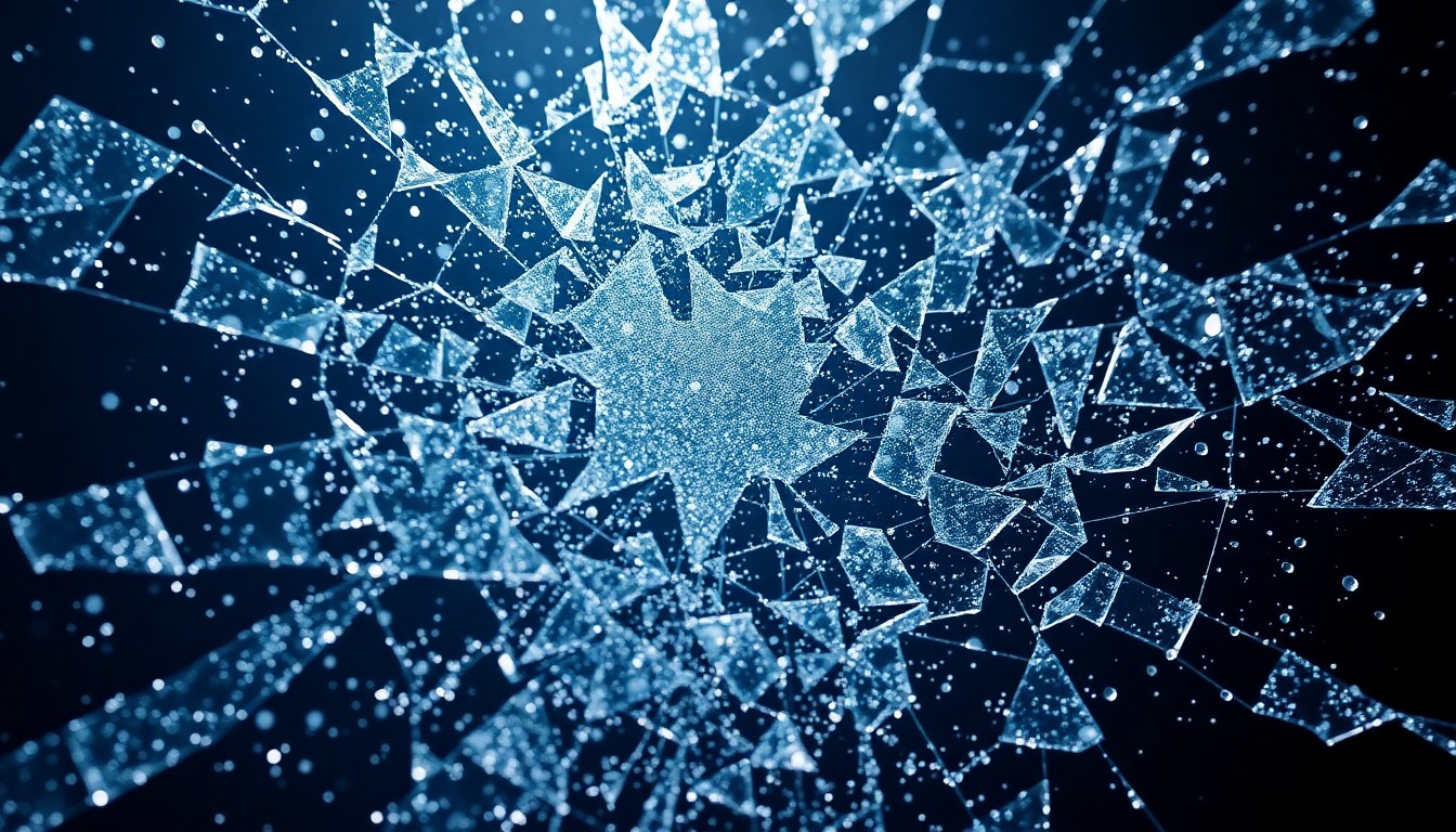 An abstract close-up photograph of shattered, glittering glass shards reflecting dramatic studio lighting, conveying the high-stakes, visually stunning world of the Spider-Verse.