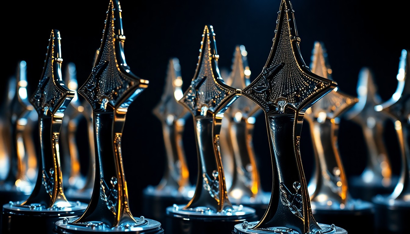 An extreme close-up photograph of shiny, metallic country music award statuettes under dramatic studio lighting, capturing the luxurious textures and glamour of the genre.