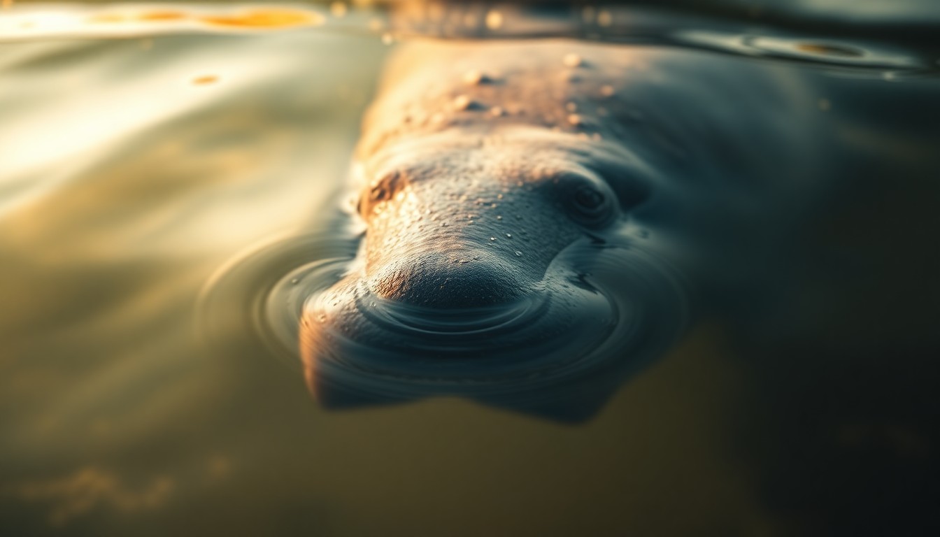 An abstract, impressionistic photograph of a manatee's snout emerging from the water, surrounded by a hazy, dreamlike blur of warm, golden light and color.
