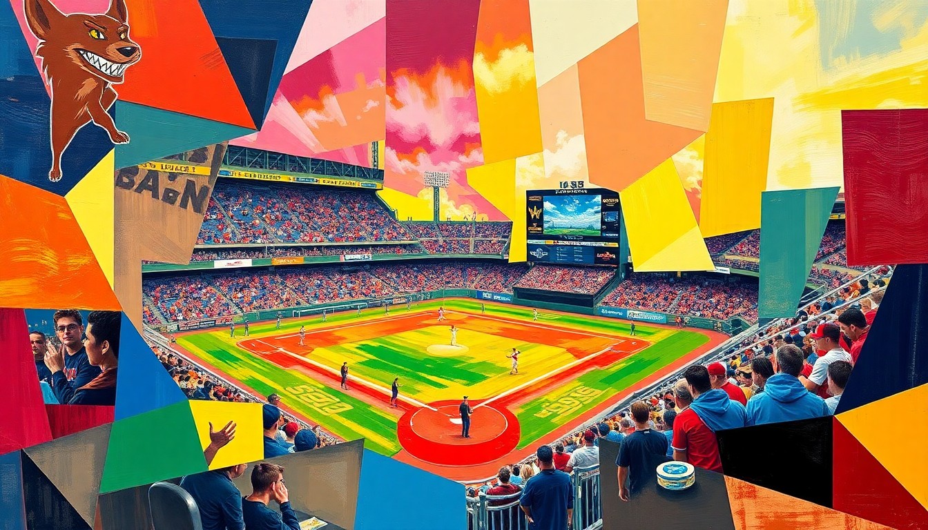 A dynamic, cubist-inspired painting featuring fragmented geometric shapes in the team colors of the El Paso Chihuahuas and Albuquerque Isotopes, conceptually representing the energy and excitement of high school sports competitions.