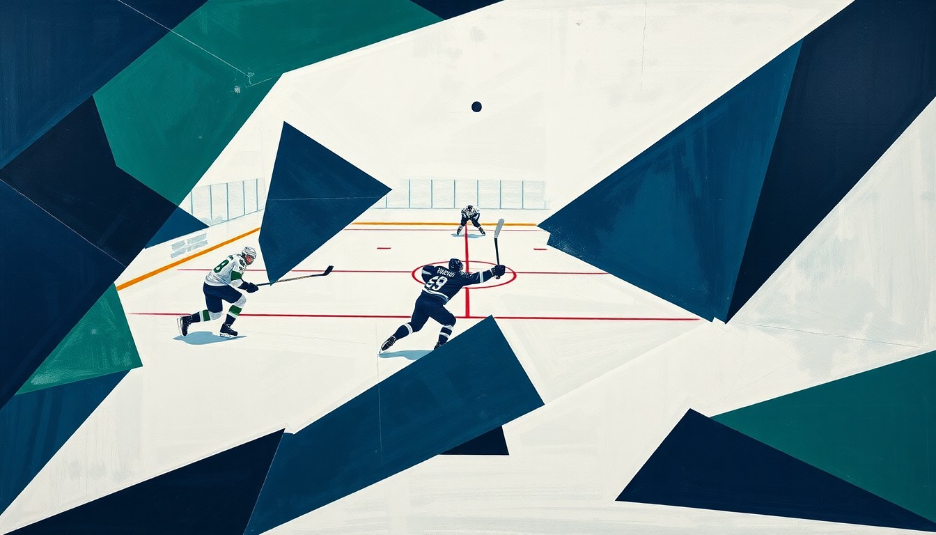 A fragmented, geometric painting depicting a hockey game between the Winnipeg Jets and Utah Mammoth, with angular shapes and planes representing the players' movements and the puck's trajectory in a palette of navy, green, and white.