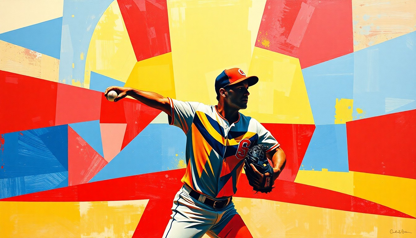 A fragmented, geometric painting depicting a baseball pitcher's motion broken down into sharp, overlapping shapes and planes in a vibrant color palette, conceptually representing the struggles of the Red Sox pitching staff.