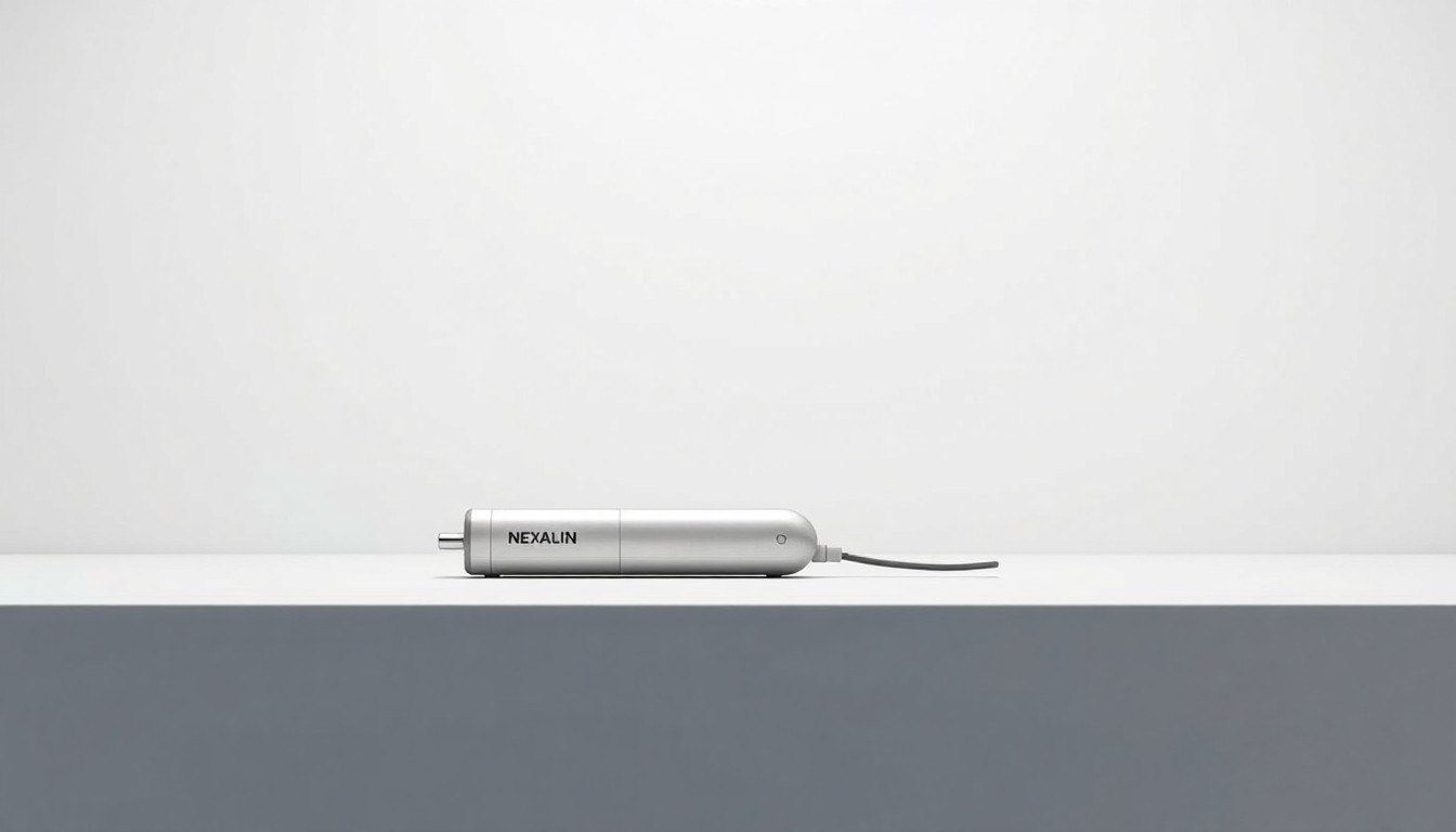 A highly polished, minimalist studio photograph featuring a sleek, modern medical device or instrument in a monochromatic color palette, conceptually representing Nexalin's advanced neuromodulation technology.