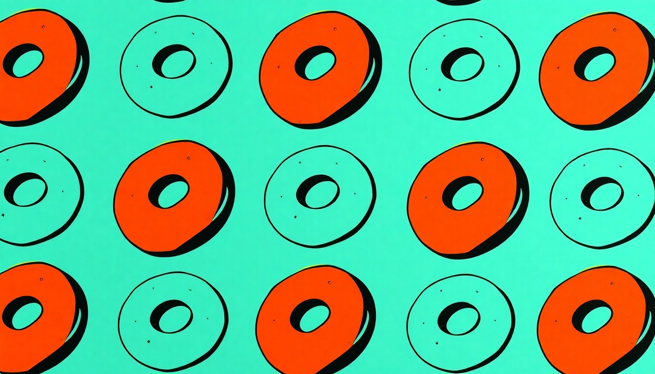 A highly stylized, pop art-inspired illustration featuring a repeating grid of a single, iconic bagel shape in bright, neon-like colors, conceptually representing the creative energy and culinary innovation showcased at the BagelFest West festival.