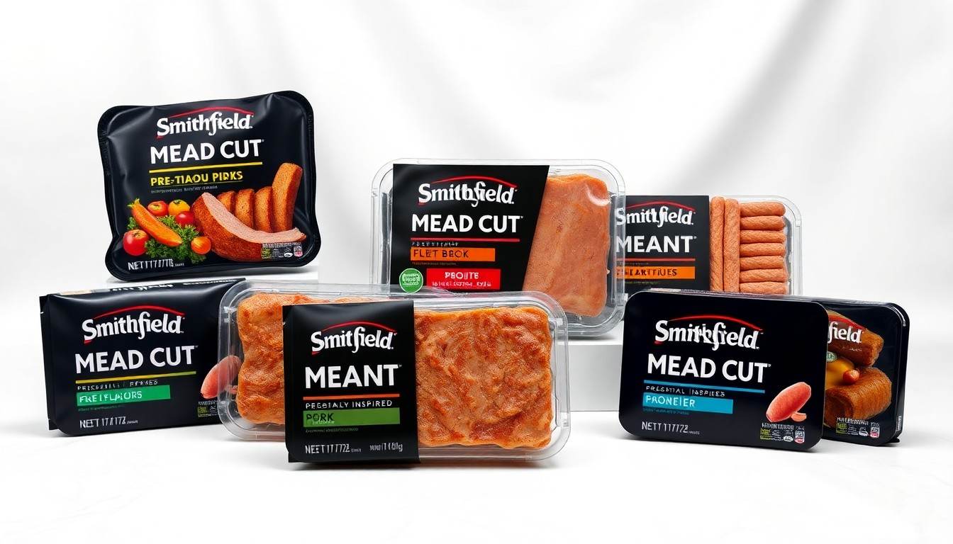 A high-end, photorealistic studio still-life photograph featuring a selection of Smithfield Meal Ready Cuts packages arranged elegantly on a clean, white background, conceptually representing the convenience and bold flavors of the pre-marinated pork products.