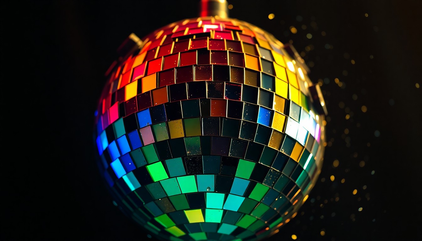 An extreme close-up of a shattered, glittering disco ball reflecting a kaleidoscope of colors, conceptually representing the emotional complexity and mature themes of the new Spider-Man film.