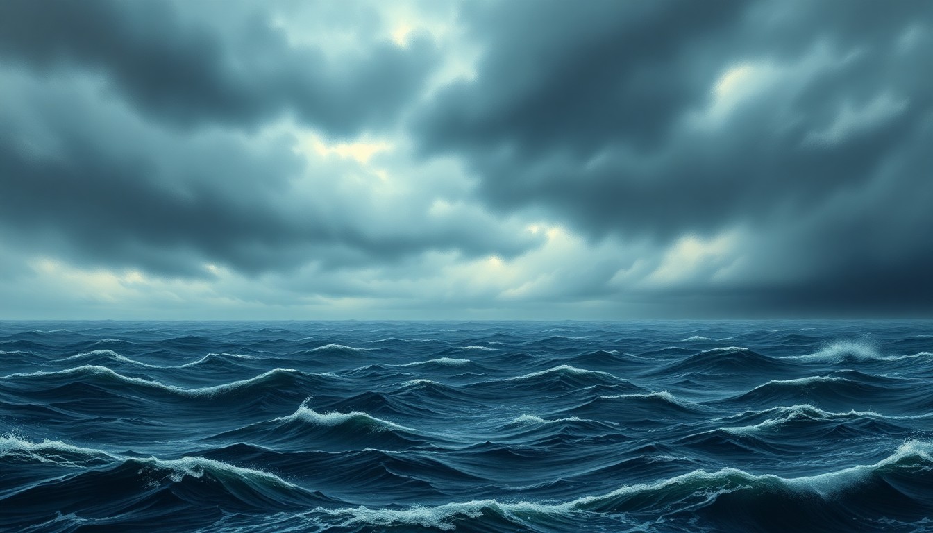 A sweeping, atmospheric landscape painting in muted tones of gray, blue, and white, capturing the vast, turbulent expanse of Lake St. Clair under a heavy, ominous sky, conceptually representing the power and scale of the natural environment.