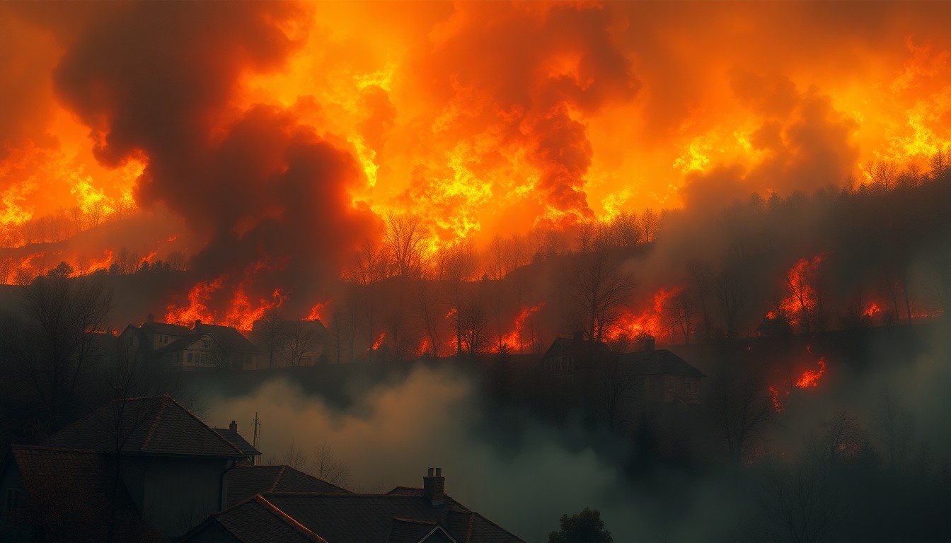 A vast, majestic landscape painting in the style of Caspar David Friedrich, depicting a raging brush fire consuming a rural neighborhood. The scene uses deep atmospheric perspective and dramatic backlighting to capture the overwhelming, sublime scale of the natural disaster, with the physical structures and vegetation dissolving into a haze of smoke and flames.