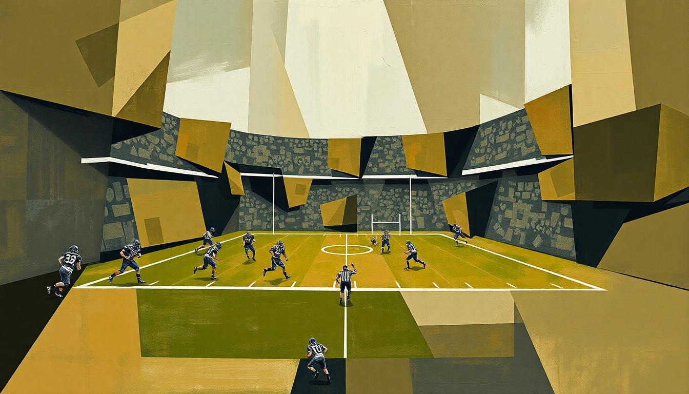 A fractured, cubist-style painting depicting a football game broken down into overlapping geometric shapes and planes in muted earth tones, conveying the complex and cautious decision-making around young quarterback contracts in the NFL.