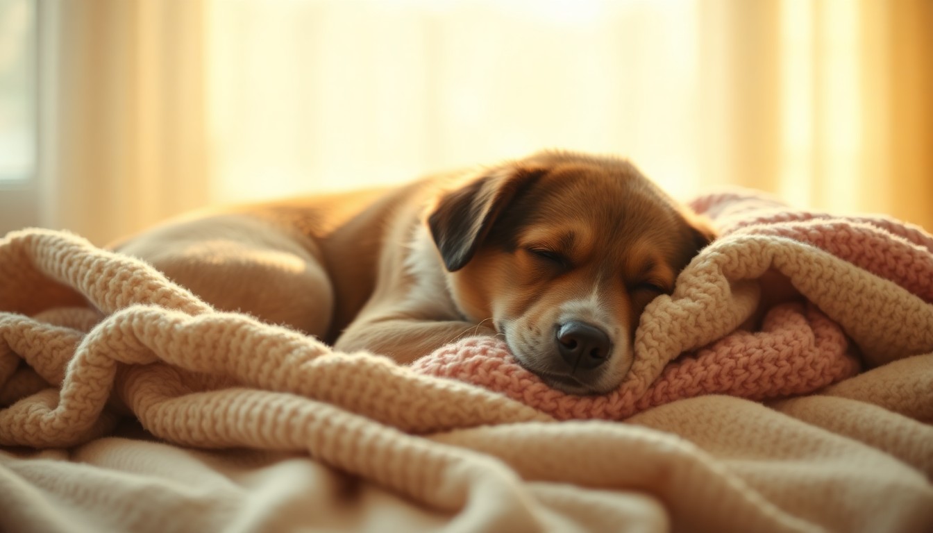 An extremely abstracted, out-of-focus photograph of a dog resting on a soft, cozy blanket, surrounded by a warm, hazy glow of natural light, conveying a sense of calm, comfort, and hope.