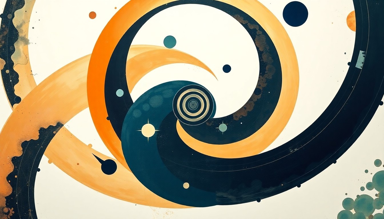 A highly structured abstract painting in earthy tones of ochre, sage, and indigo, featuring sweeping geometric arcs, concentric planetary circles, and precise botanical spirals, conceptually representing the cosmic forces and celestial bodies that Donald Lubowich dedicated his life to studying and sharing with his community.