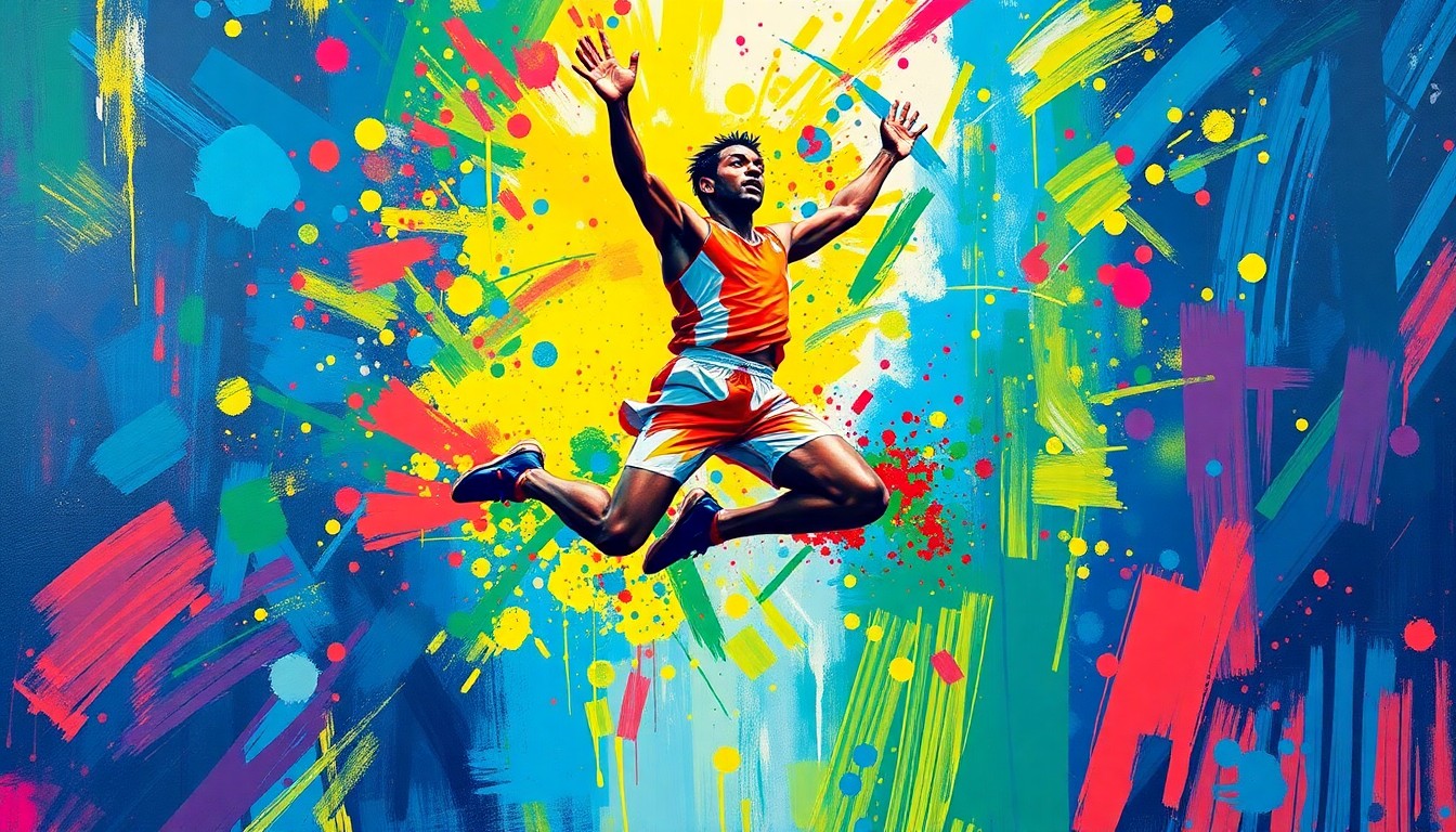 An extreme close-up of a high jumper mid-leap, their form captured in a burst of vibrant, neon-colored brushstrokes that convey the raw energy and explosive power of the athletic movement.