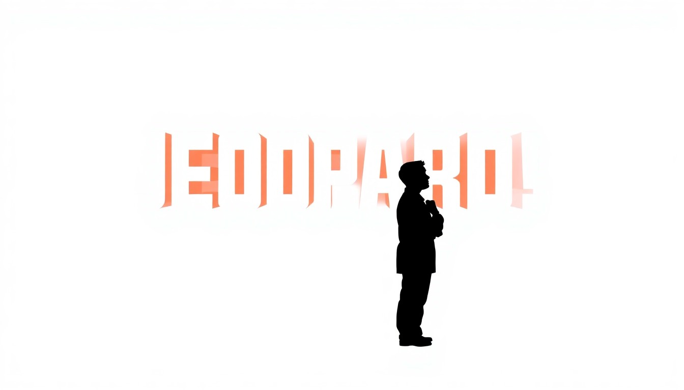 A graphic illustration featuring bold black silhouettes of the Jeopardy! logo and a contestant in a thoughtful pose, set against a high-contrast background of solid red and white. The image conceptually represents the excitement and tension of a local resident competing on the iconic game show.