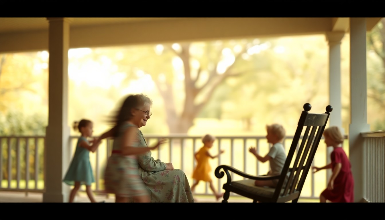 An extremely abstracted, out-of-focus photograph in soft pools of warm color and light, depicting an elderly woman sitting in a rocking chair on a porch, surrounded by the blurred shapes of children playing, conceptually representing Pinkie Simmons' long life of caring for children and community.