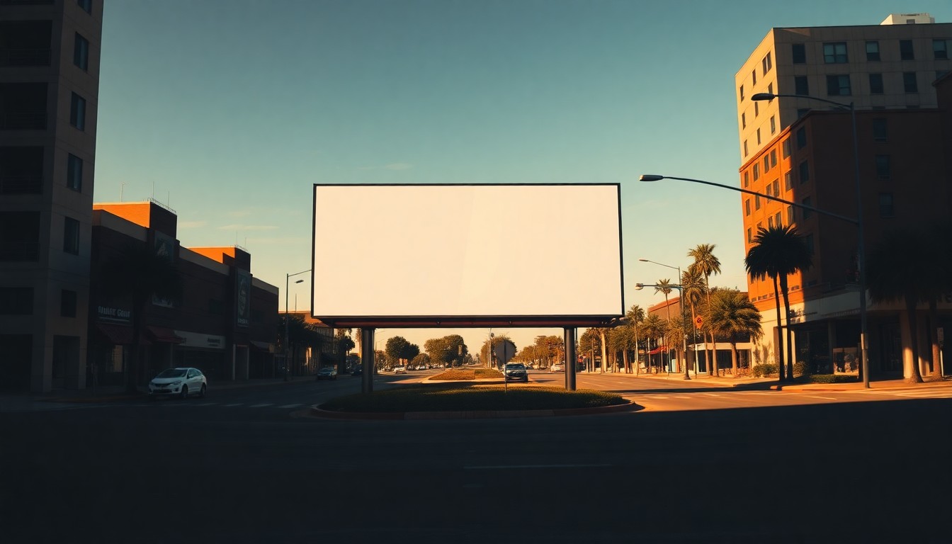A cinematic painting of a large, solitary political billboard on a deserted urban street corner, with warm sunlight and deep shadows creating a contemplative mood about the future of Florida politics.