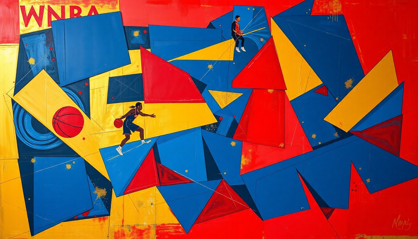 A fractured, cubist-style painting depicting the dynamic movements and energy of a WNBA basketball game, with sharp geometric shapes in navy, red, and gold representing the players and action on the court.