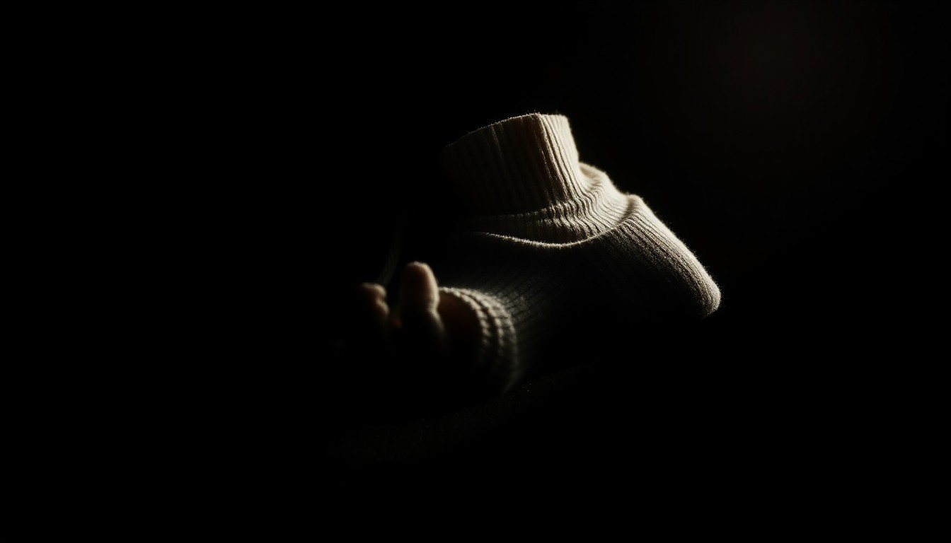 An extreme close-up photograph of a worn, tattered child's sock against a pitch-black background, lit by a harsh camera flash, conveying a sense of grit and investigation into a tragic case of child neglect.