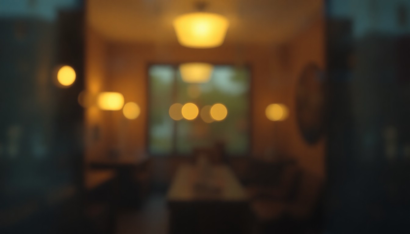 An extremely blurred, abstract photograph of a dimly lit interior space, with soft pools of warm light and color, conveying a sense of reverence and reflection.