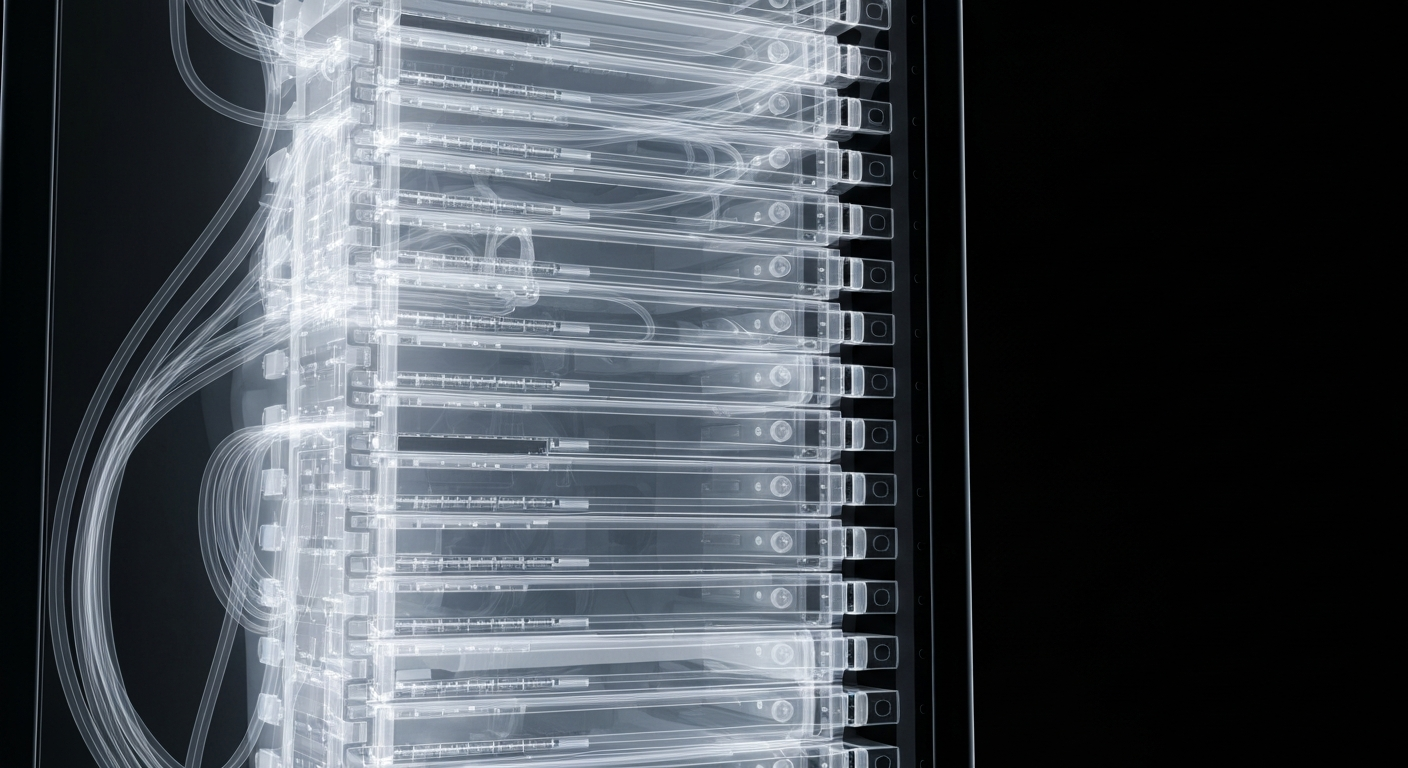 A ghostly, translucent X-ray photograph revealing the internal components of a computer server rack, representing the complex infrastructure behind the Federal Electronic Health Record system.